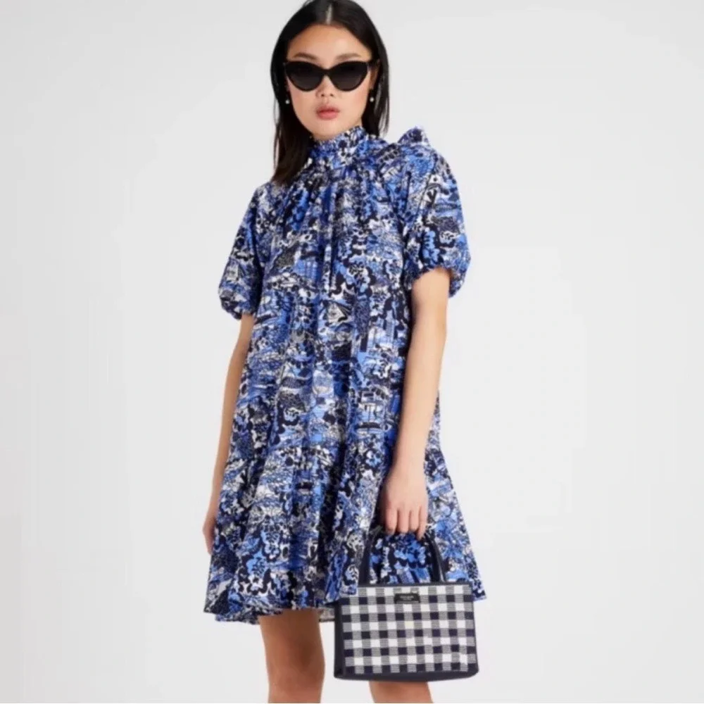 Kate Spade Scenic Stroll Floral Mini Dress XL Blue Tie Back‎ Puff Sleeve Smocked